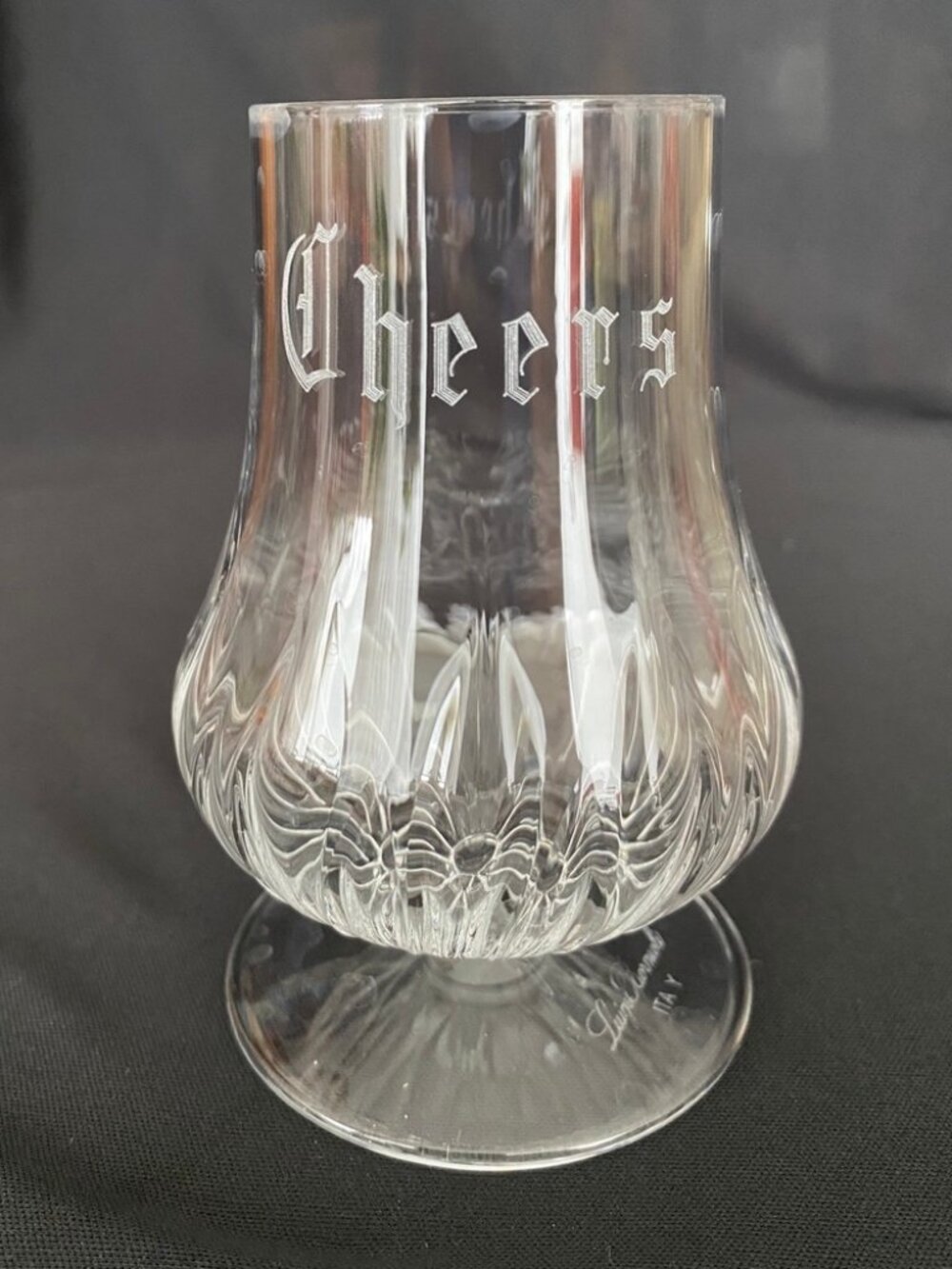 Luigi Bormioli Mixology Spirits tasting glass with etched "Cheers"